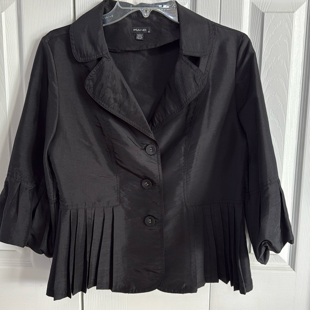 PIANO Women's Black Evening Elastic Blouson Sleeve Button Down Blazer - Size M